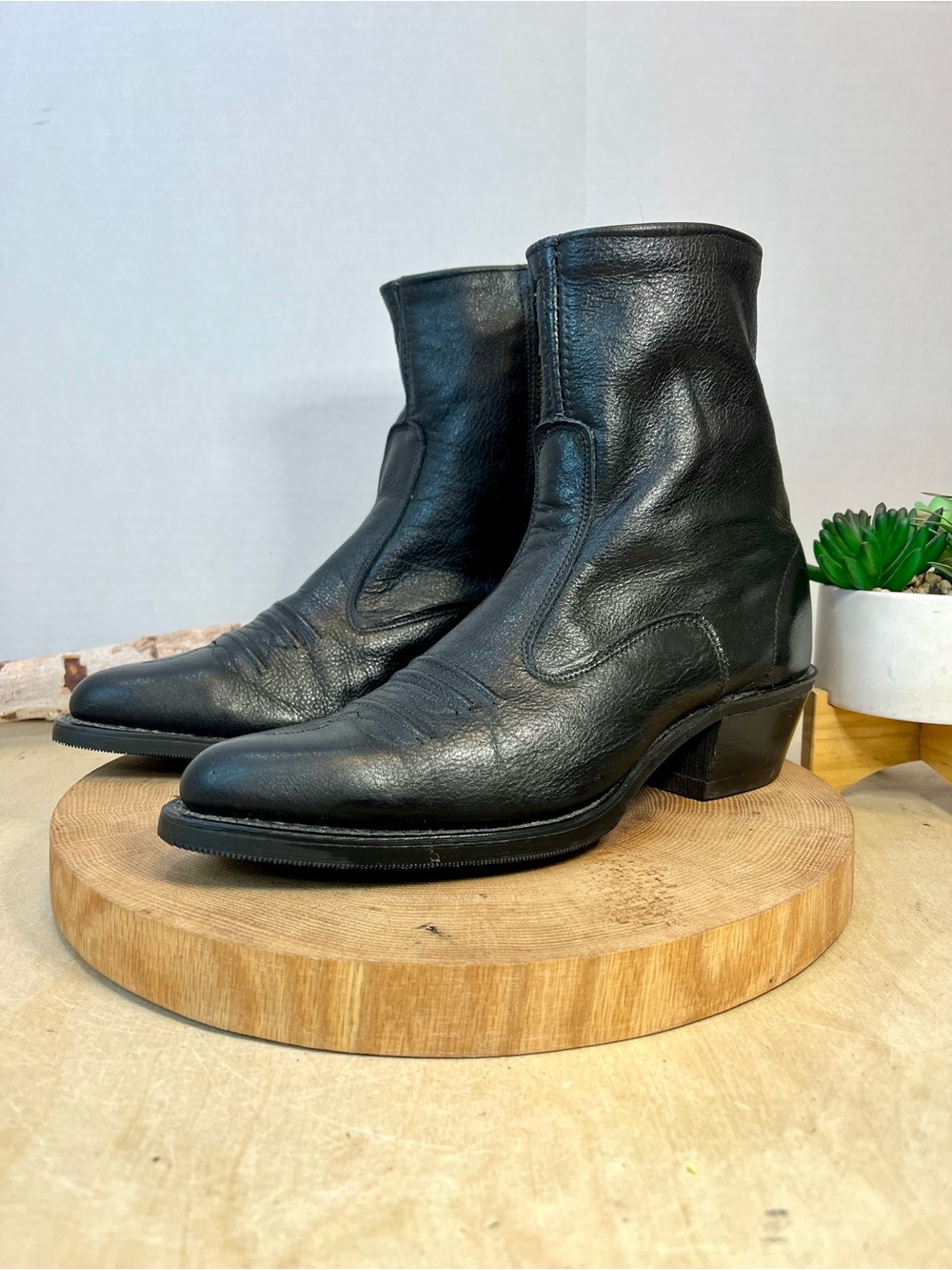 Vintage Texas Boot Company Black Leather Side Zip Western Boots USA 7D / 9